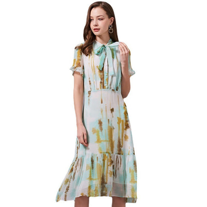 Bow Tie Tie Waist Slimming Silk Dress