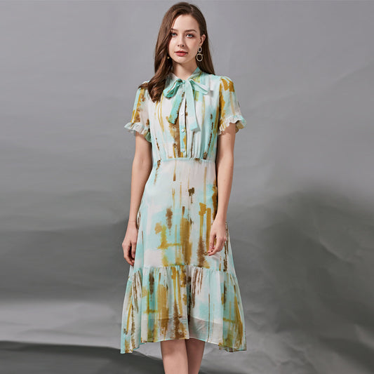 Bow Tie Tie Waist Slimming Silk Dress