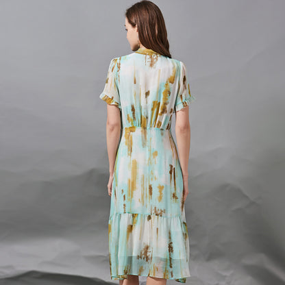 Bow Tie Tie Waist Slimming Silk Dress
