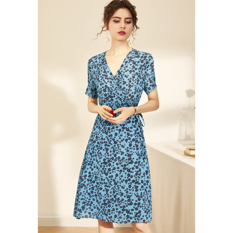 Elegant Silk Print V-neck Short-sleeved Sleeves