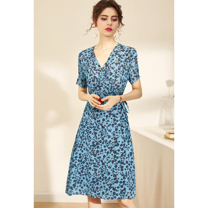 Elegant Silk Print V-neck Short-sleeved Sleeves