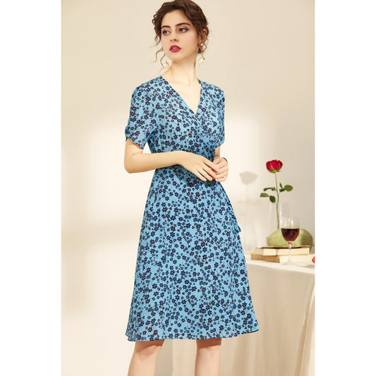 Elegant Silk Print V-neck Short-sleeved Sleeves
