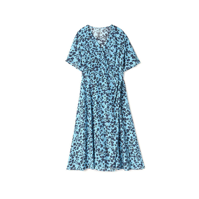 Elegant Silk Print V-neck Short-sleeved Sleeves