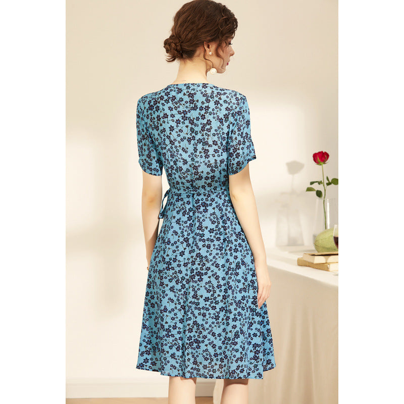 Elegant Silk Print V-neck Short-sleeved Sleeves