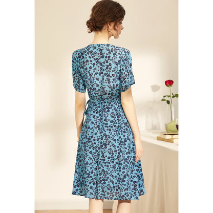 Elegant Silk Print V-neck Short-sleeved Sleeves