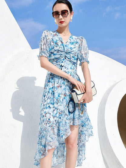 V-neck Knotted Irregular Floral  Silk Skirt