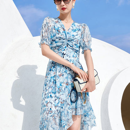 V-neck Knotted Irregular Floral  Silk Skirt