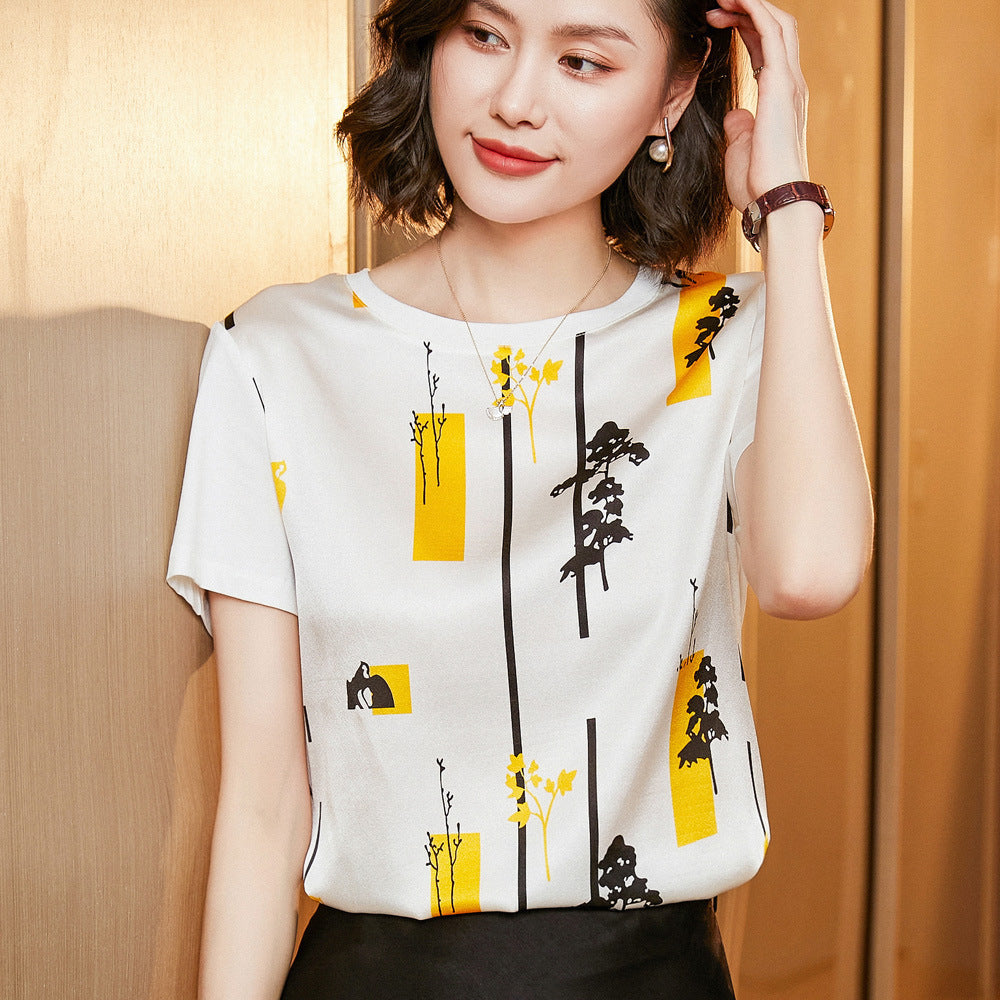 Silk Women's Short-sleeved Printed Silk Round Neck All-match