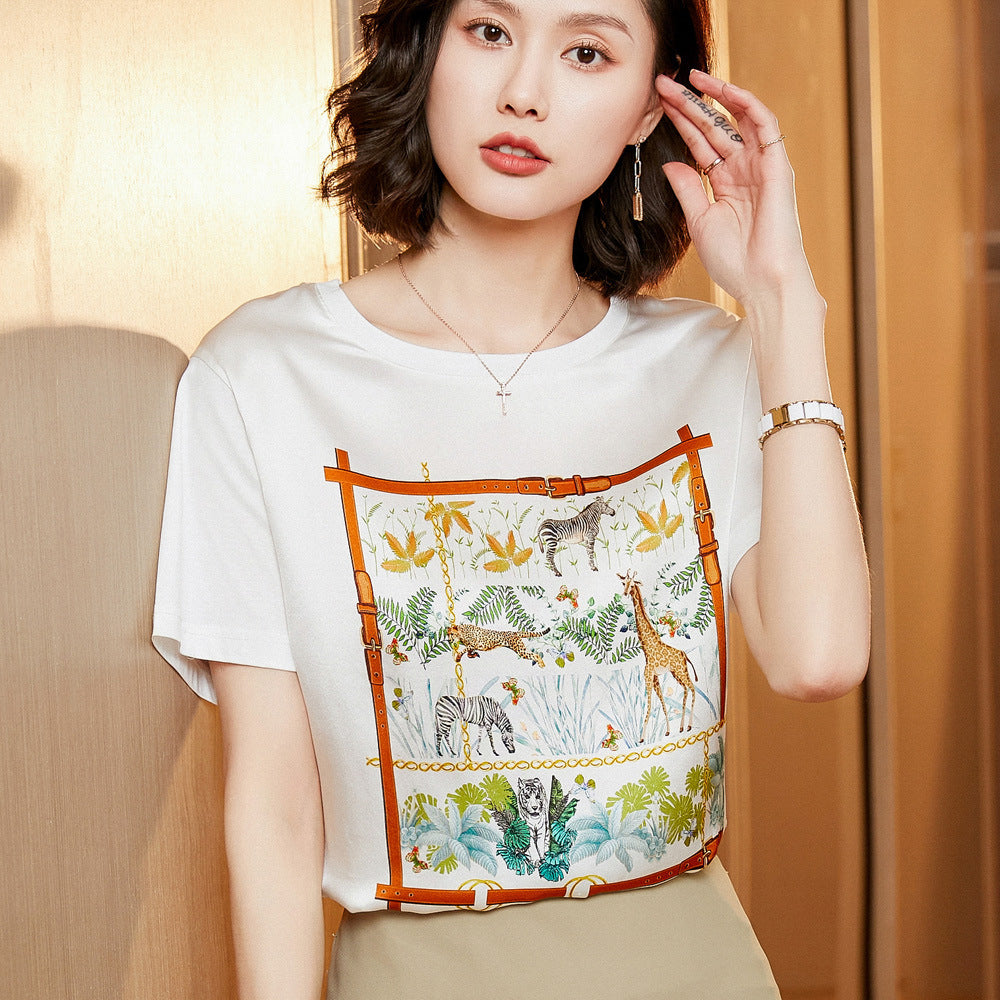 Silk Women's Short-sleeved Printed Silk Round Neck All-match