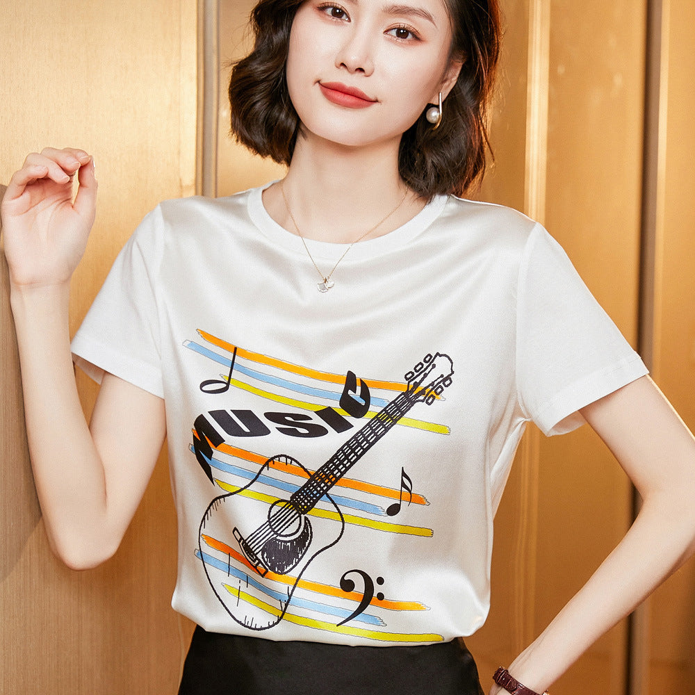 Silk Women's Short-sleeved Printed Silk Round Neck All-match