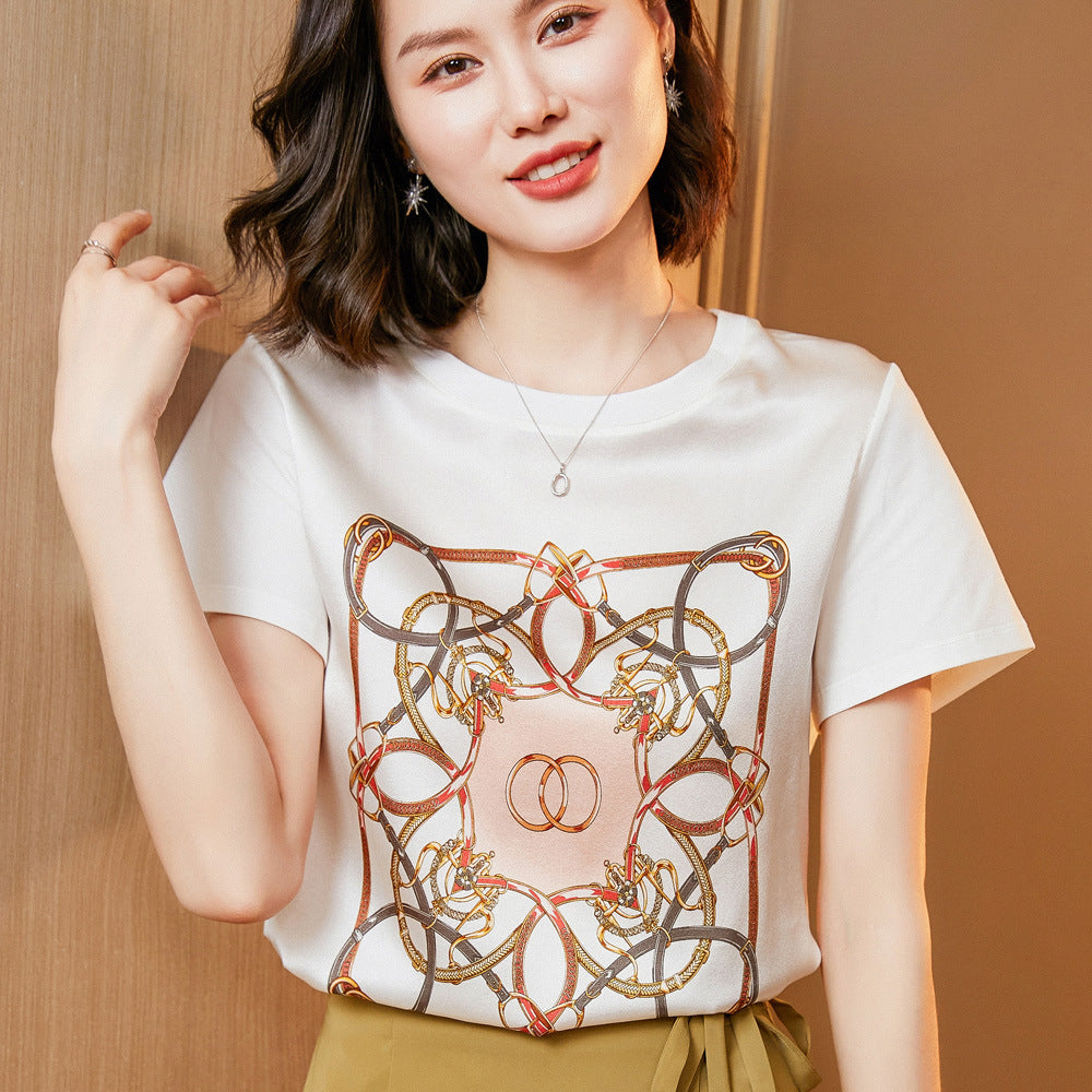 Silk Women's Short-sleeved Printed Silk Round Neck All-match
