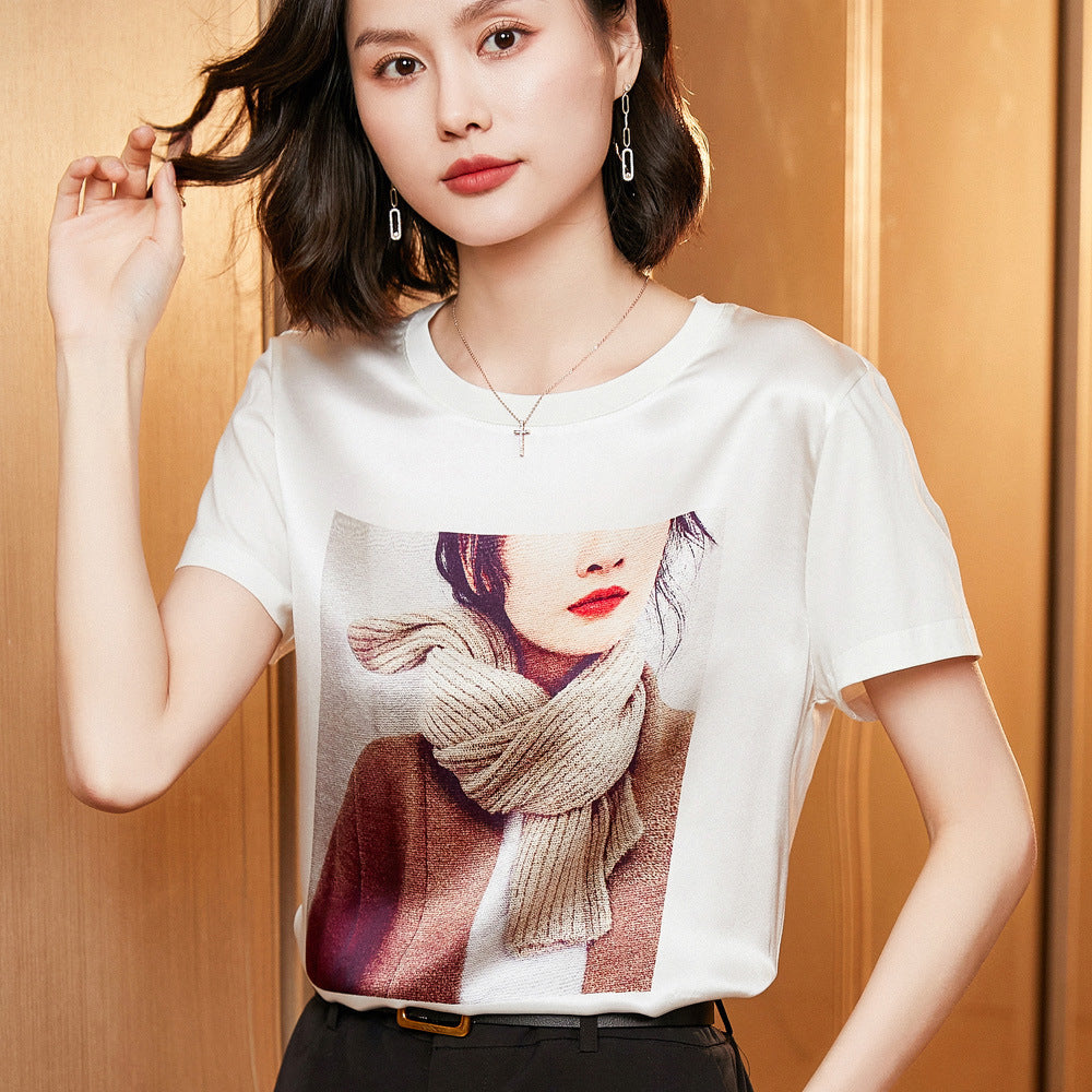 Silk Women's Short-sleeved Printed Silk Round Neck All-match