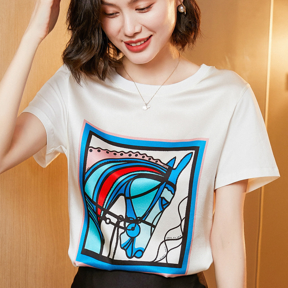 Silk Women's Short-sleeved Printed Silk Round Neck All-match