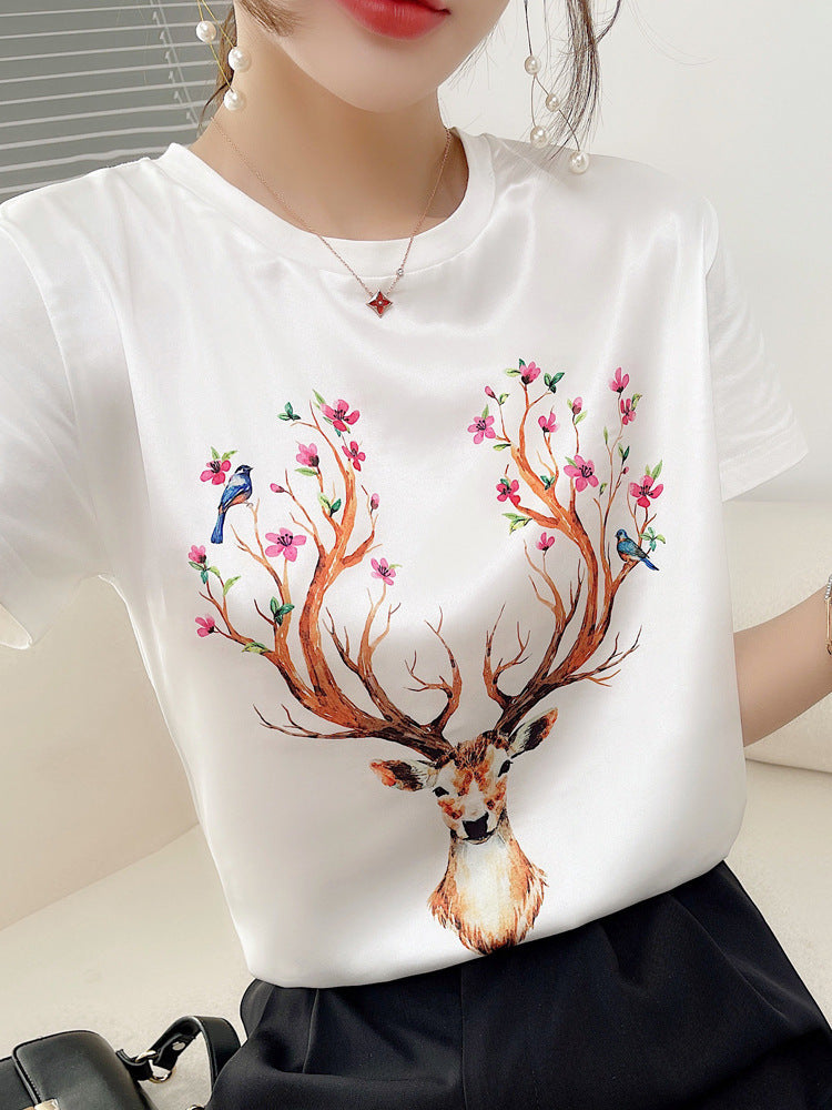 Silk Women's Short-sleeved Printed Silk Round Neck All-match