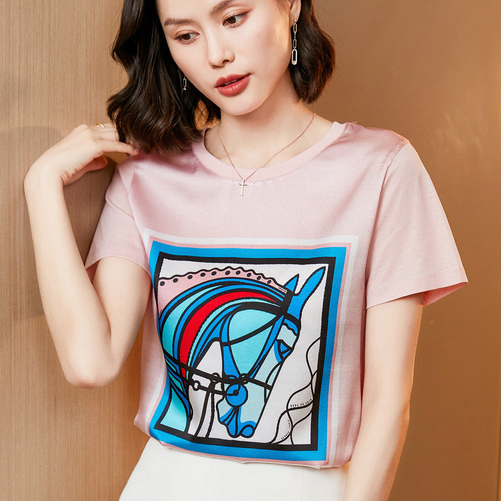 Silk Women's Short-sleeved Printed Silk Round Neck All-match