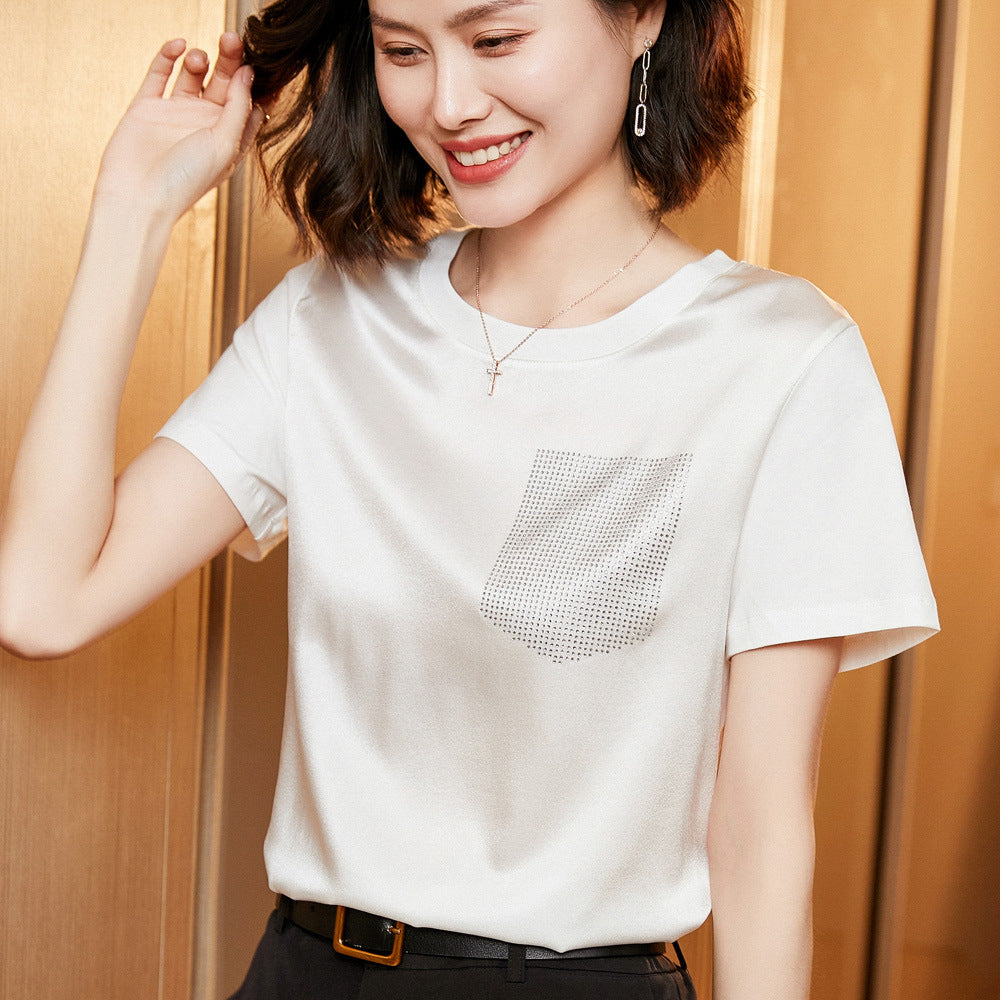 Silk Women's Short-sleeved Printed Silk Round Neck All-match