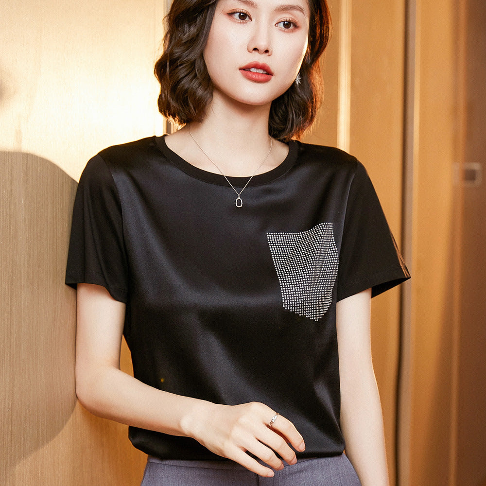 Silk Women's Short-sleeved Printed Silk Round Neck All-match