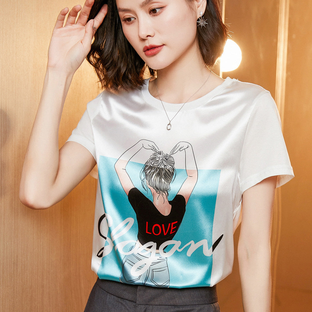 Silk Women's Short-sleeved Printed Silk Round Neck All-match