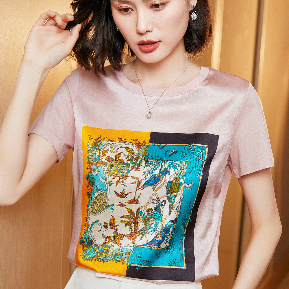 Silk Women's Short-sleeved Printed Silk Round Neck All-match