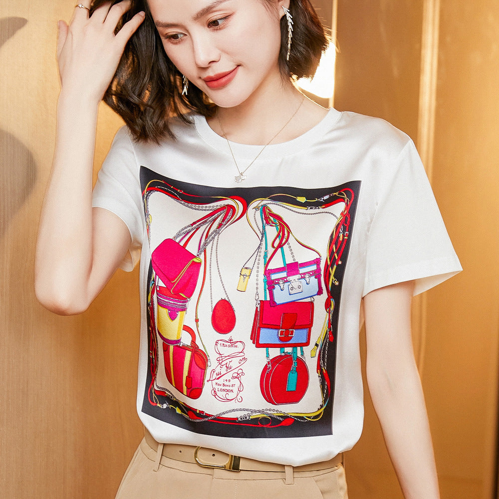 Silk Women's Short-sleeved Printed Silk Round Neck All-match