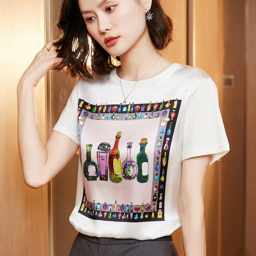 Silk Women's Short-sleeved Printed Silk Round Neck All-match