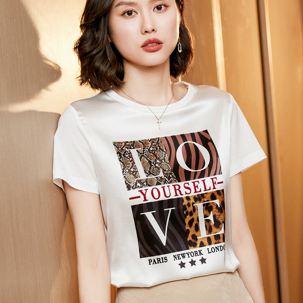 Silk Women's Short-sleeved Printed Silk Round Neck All-match