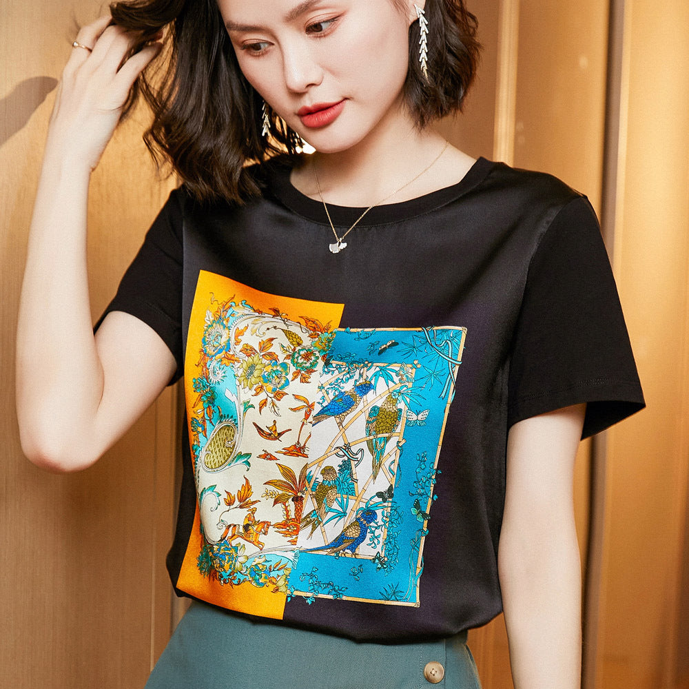 Silk Women's Short-sleeved Printed Silk Round Neck All-match