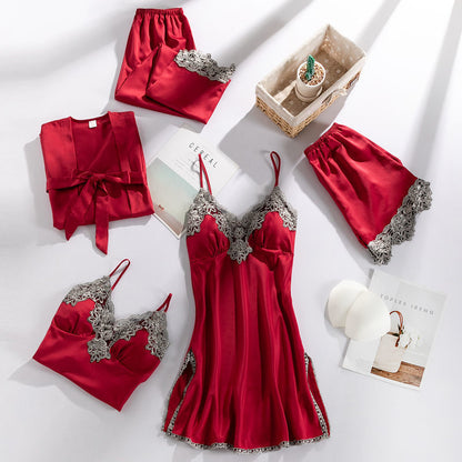 Summer Ice Silk Sexy Pajamas Five-Piece Suit