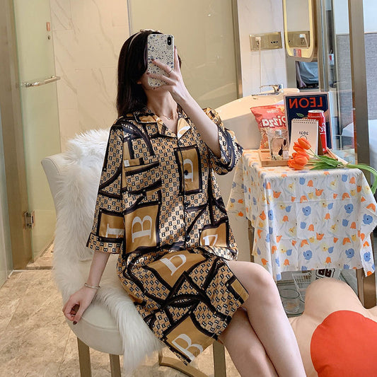 Night Skirt Ice Silk Short-sleeved Thin Ladies Casual Pajamas Simulation Silk