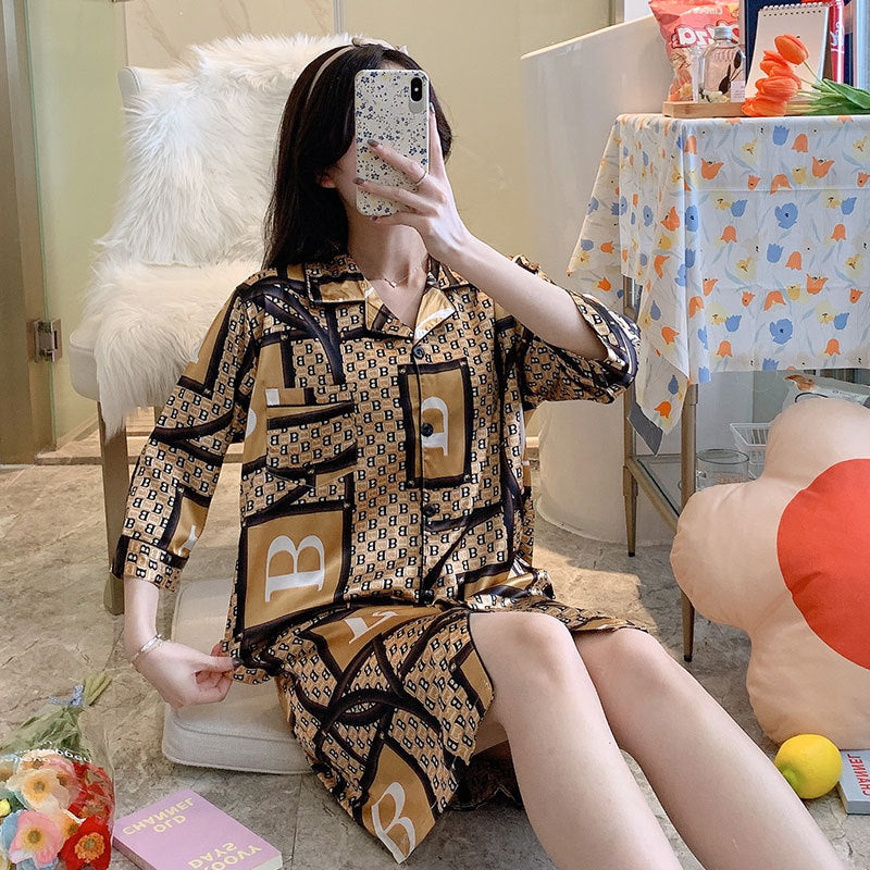 Night Skirt Ice Silk Short-sleeved Thin Ladies Casual Pajamas Simulation Silk
