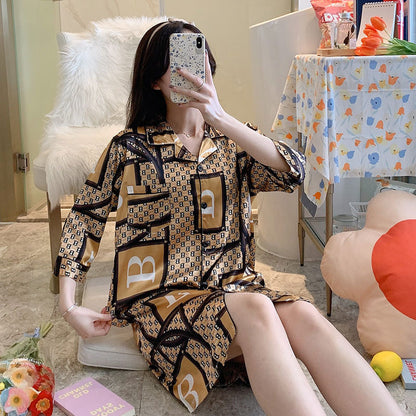 Night Skirt Ice Silk Short-sleeved Thin Ladies Casual Pajamas Simulation Silk