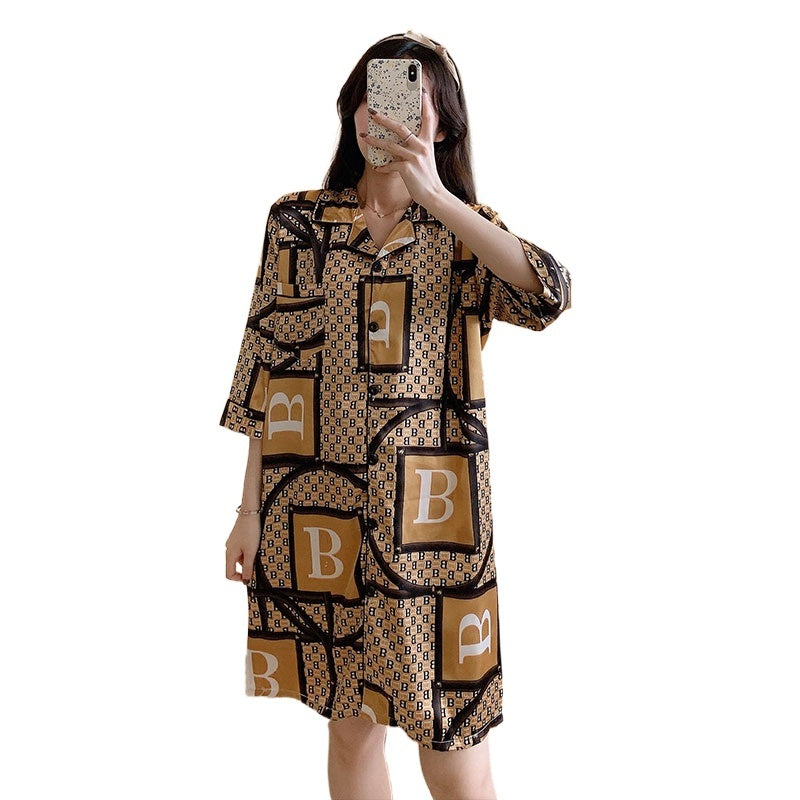 Night Skirt Ice Silk Short-sleeved Thin Ladies Casual Pajamas Simulation Silk