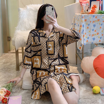 Night Skirt Ice Silk Short-sleeved Thin Ladies Casual Pajamas Simulation Silk