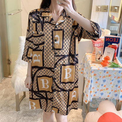 Night Skirt Ice Silk Short-sleeved Thin Ladies Casual Pajamas Simulation Silk