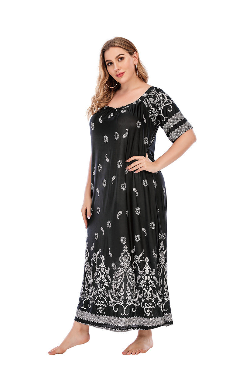 Loose Homewear Night Skirt Terrace Dress Short Sleeve Ice Silk Long Skirt