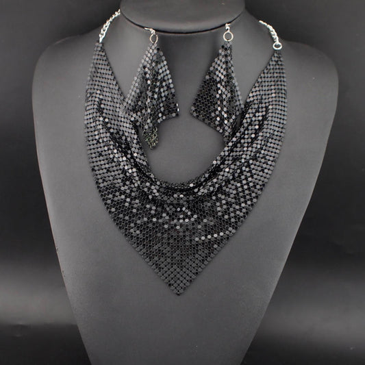 Sequin Silk Scarf Fake Collar Necklace Set
