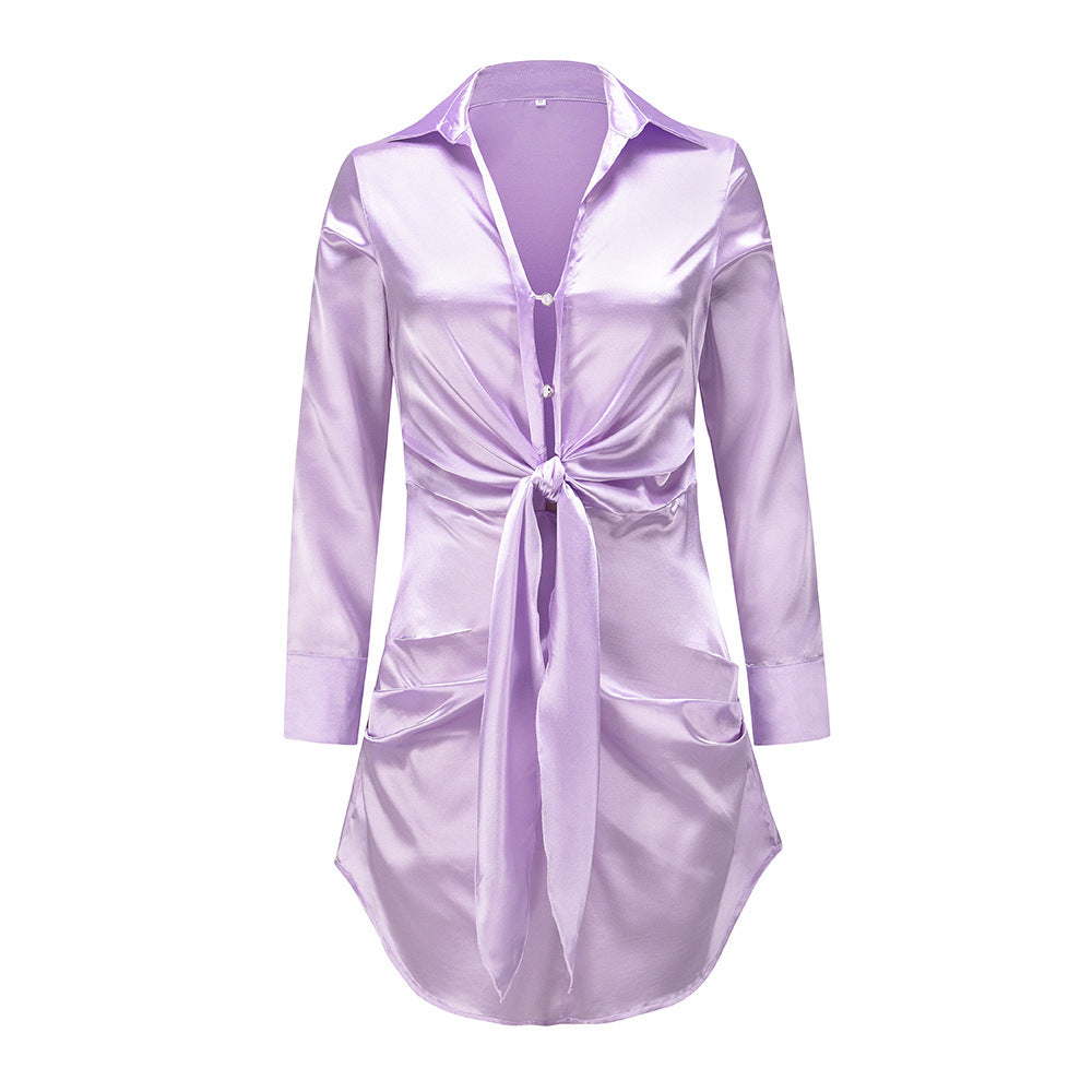V-neck Shirt Skirt Long-sleeved Silk Dress