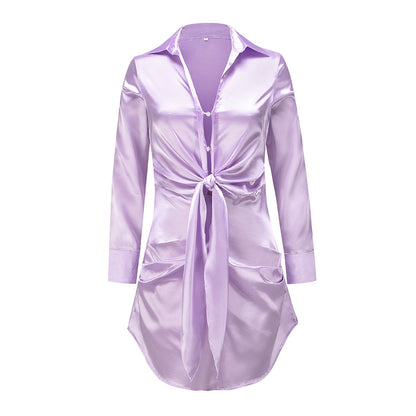 V-neck Shirt Skirt Long-sleeved Silk Dress