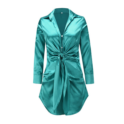 V-neck Shirt Skirt Long-sleeved Silk Dress