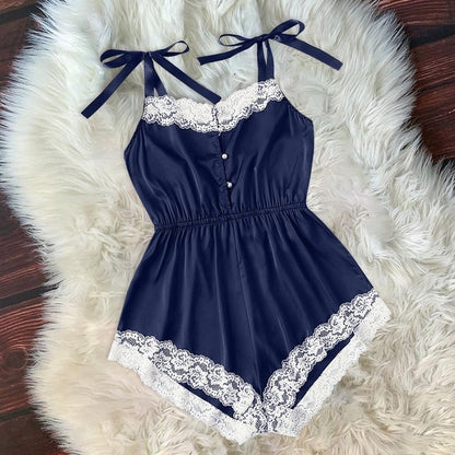 Ladies Sexy Silk Satin Pajama Set Lace Pyjama Set