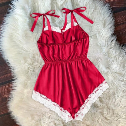 Ladies Sexy Silk Satin Pajama Set Lace Pyjama Set