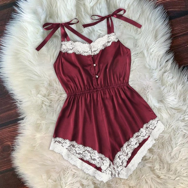 Ladies Sexy Silk Satin Pajama Set Lace Pyjama Set