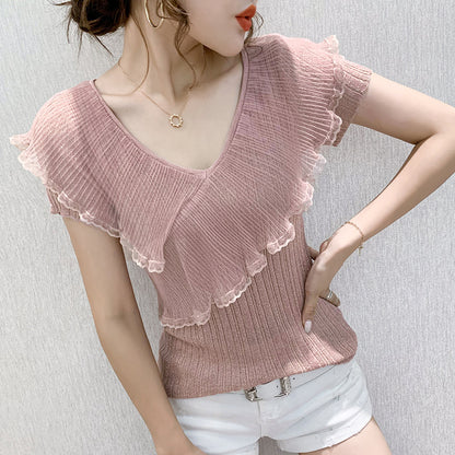 Short-sleeved T-shirt Women's Ruffled Ice Silk Knit Bottoming Shirt
