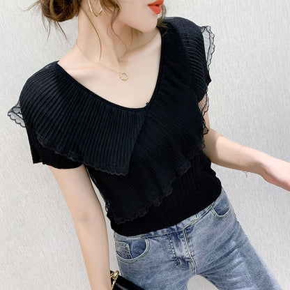 Short-sleeved T-shirt Women's Ruffled Ice Silk Knit Bottoming Shirt
