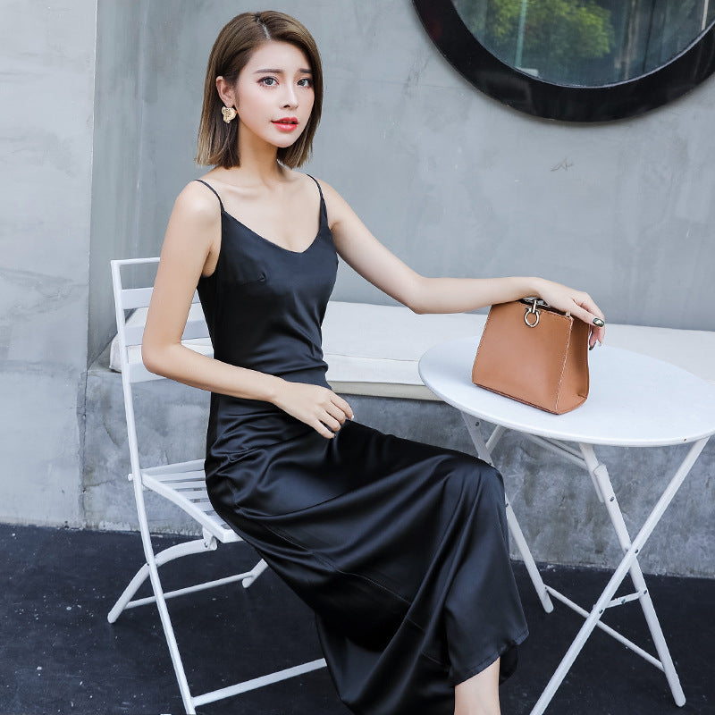 Women's long dress silk vest suspender skirt