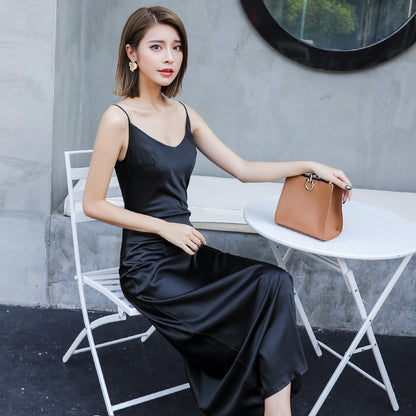 Women's long dress silk vest suspender skirt