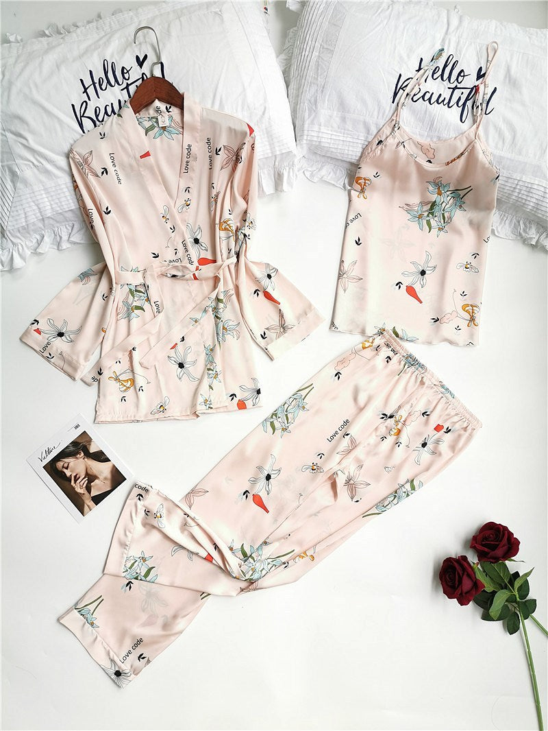Printed Long Sleeve Imitation Silk Homewear