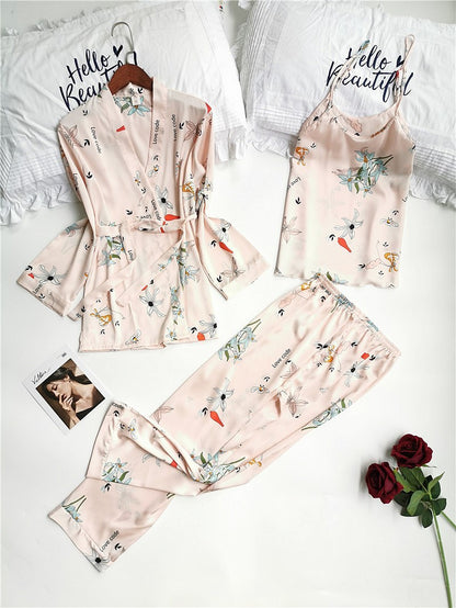 Printed Long Sleeve Imitation Silk Homewear