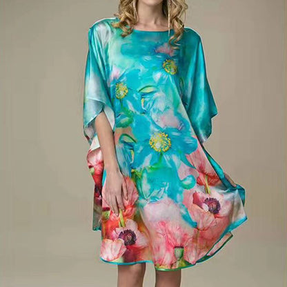 Inkjet Bat Shirt Women's Spring And Summer Home Service New Style Silk Silk Pajamas Nightdress Loose