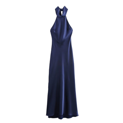 European And American Style Hanging Collar Silk Satin Texture Backless Dress
